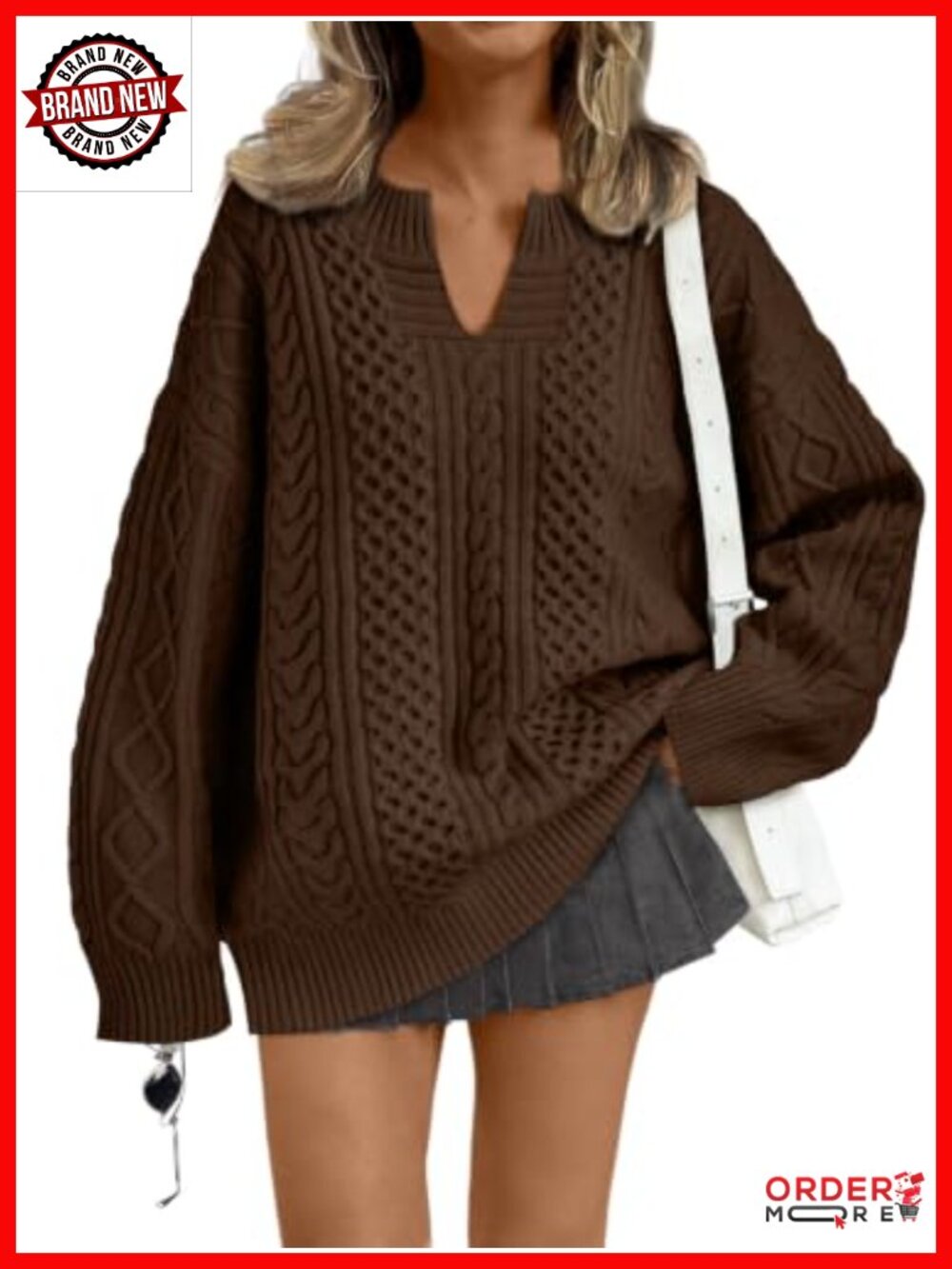 Oversized Cable Knit V-Neck Pullover Sweater Long Sleeve Fall Winter